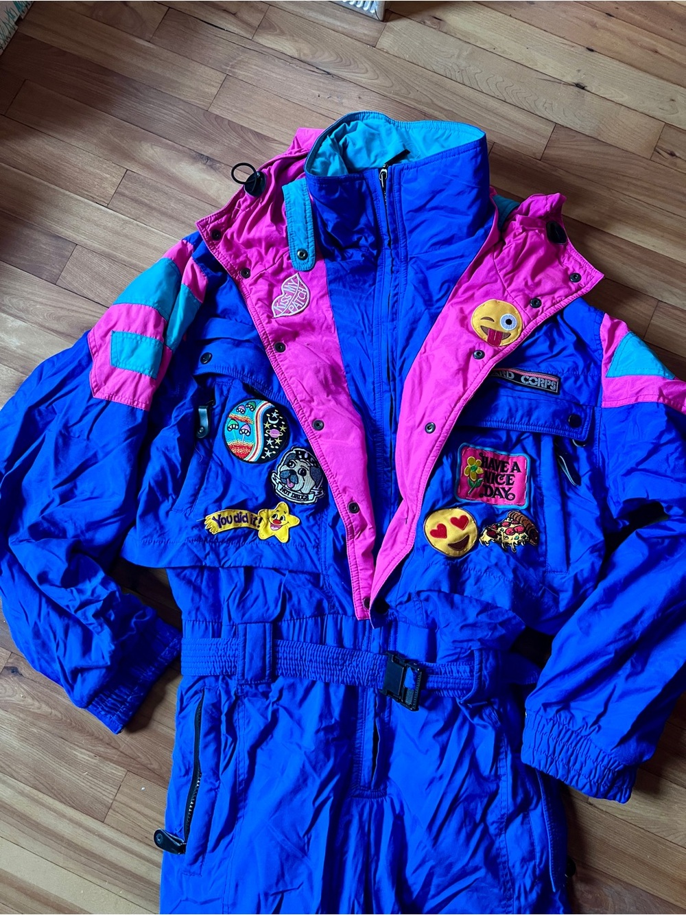 Vintage 80s Bright Blue and Hot Pink Ski Suit/Snowsuit/One Piecewith Fun Patches